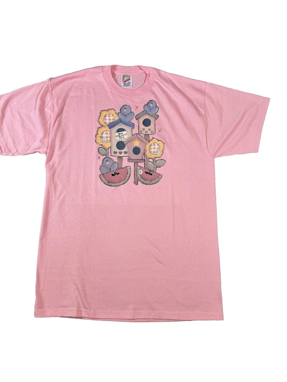 90s Vintage Jerzees Home Sweet Bird House Pink Graphic Shirt Large USA Flowers - Picture 2 of 6